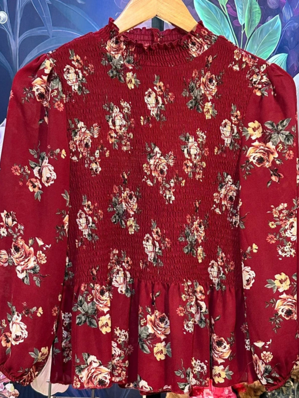 Crave Fame L Juniors Floral Smocked Peplum Blouse Balloon Sleeve Cottagecore Red